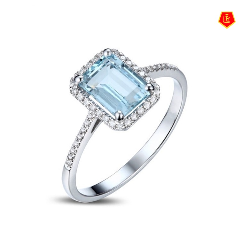 [Ready Stock]Simple Personality Topaz Square Blue Diamond Ring