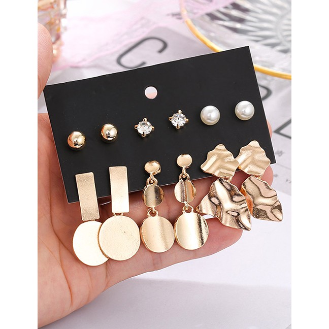 LRC Anting Set Fashion Gold Pearl Leaf Geometric Earring Set F88406