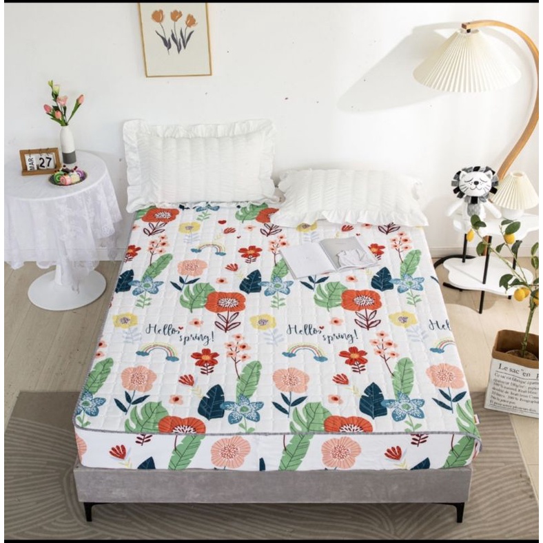 sprei sulthan waterproof ukuran 160x200cm motif karakter-Putih kembang