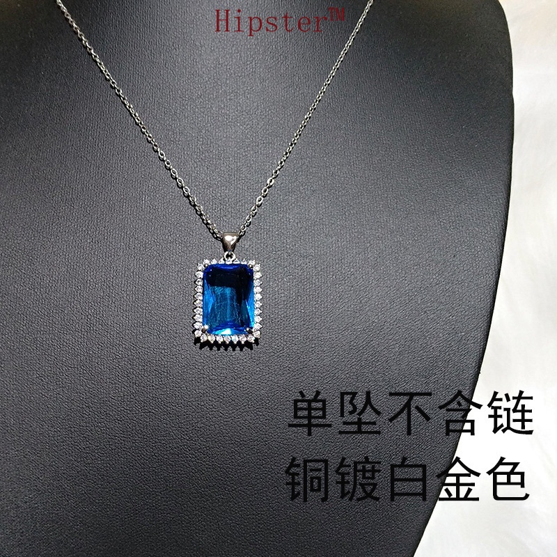 Best-Selling Light Luxury Square Large Natural Sea Blue Crystal Pendant Necklace