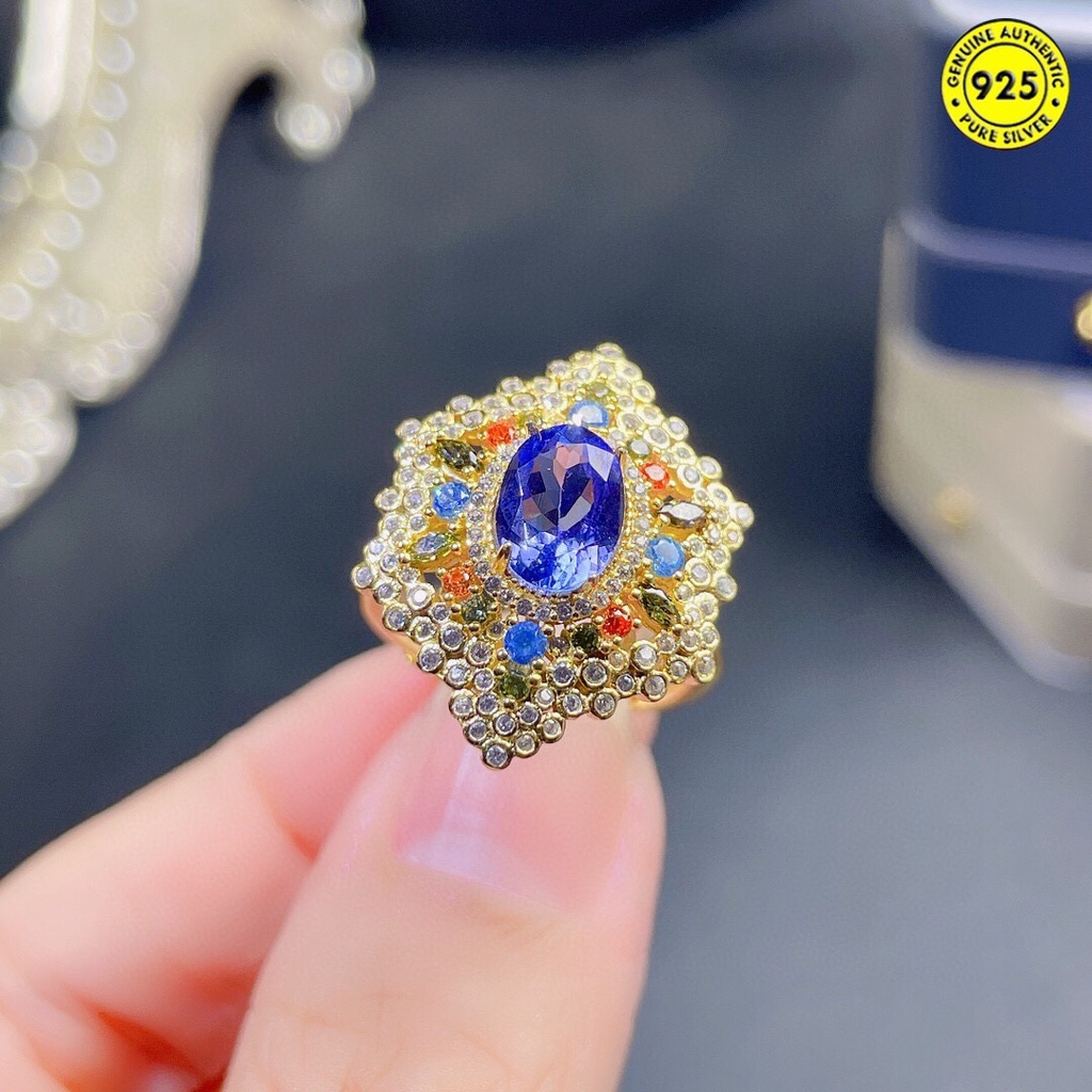 Cincin Model Terbuka Hias Batu Permata Tanzanite Ukuran Besar Gaya Mewah