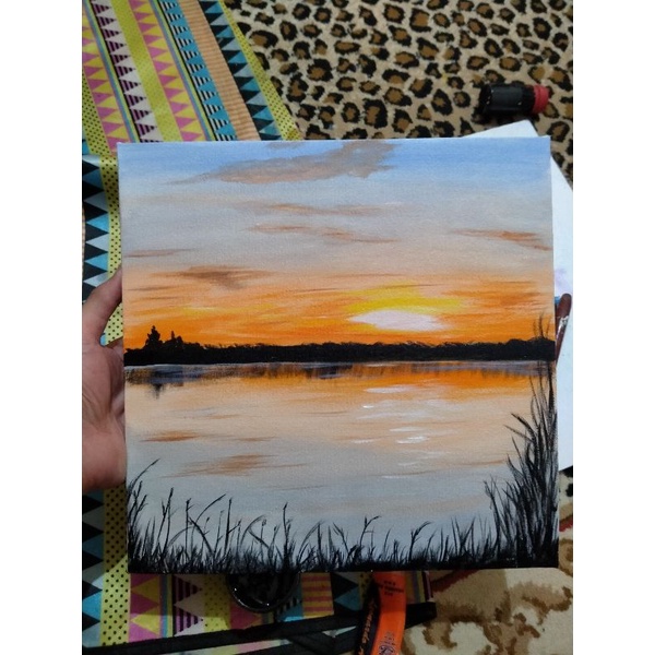 30x30 Lukisan Senja Sederhana Pemandangan Sore Hiasan Dinding Minimalis Langit Senja