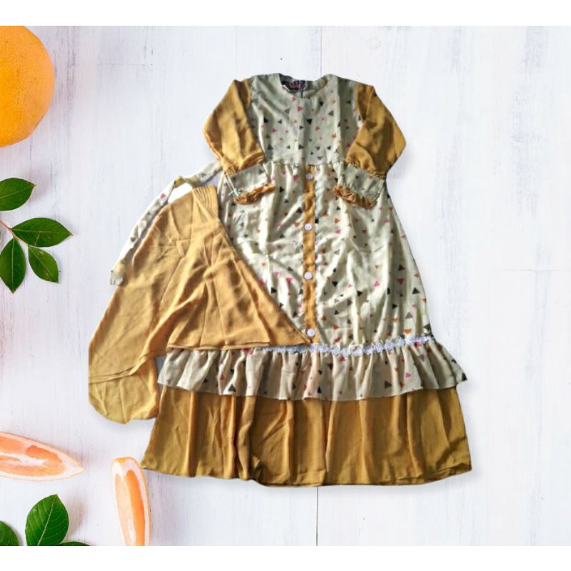 Gamis ceruti set jilbab anak tanggung remaja SMP warna lemon