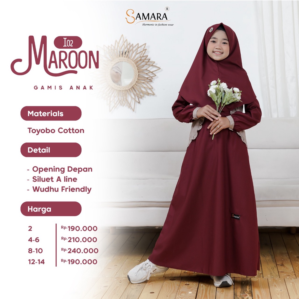 GAMIS ANAK PEREMPUAN I02 MAROON BY SAMARA FASHION SET BAJU DRESS BUSANA MUSLIM MUSLIMAH WARNA MERAH 