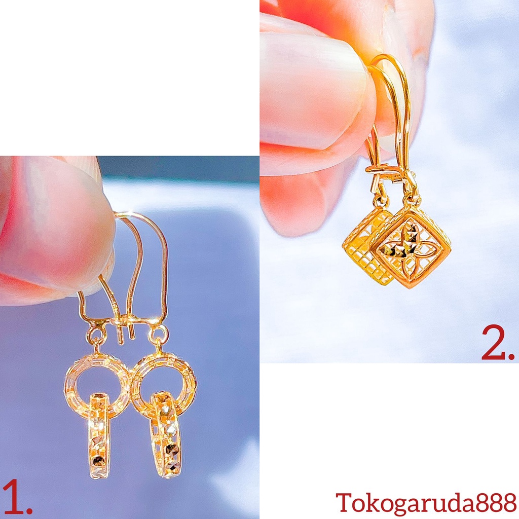 Anting anak dan dewasa emas asli kadar 700 70 16k beige gold 3D wajik segi branded desi gantung lucky 8 ukir kilat giwang kerabu ringan 1 gram gr g