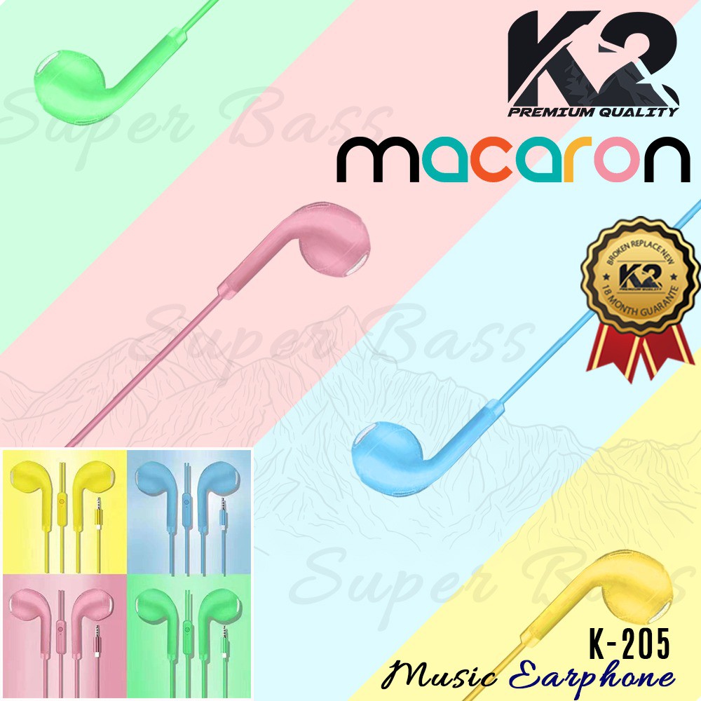 Headset / Handsfree K-205 MACARON K2 Premium Quality Super Bass Stereo GARANSI RESMI 18 BULAN [fs]