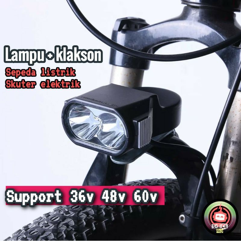lampu sepeda listrik headlamp LED + klakson skuter elektrik scooter listrik 36v 48v 60v sparepart