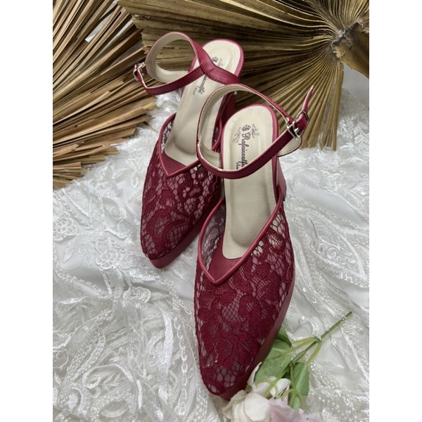 Rafaizoutfit sepatu alummi merah marron tali sepatu wedding heels tinggi 9cm tahu