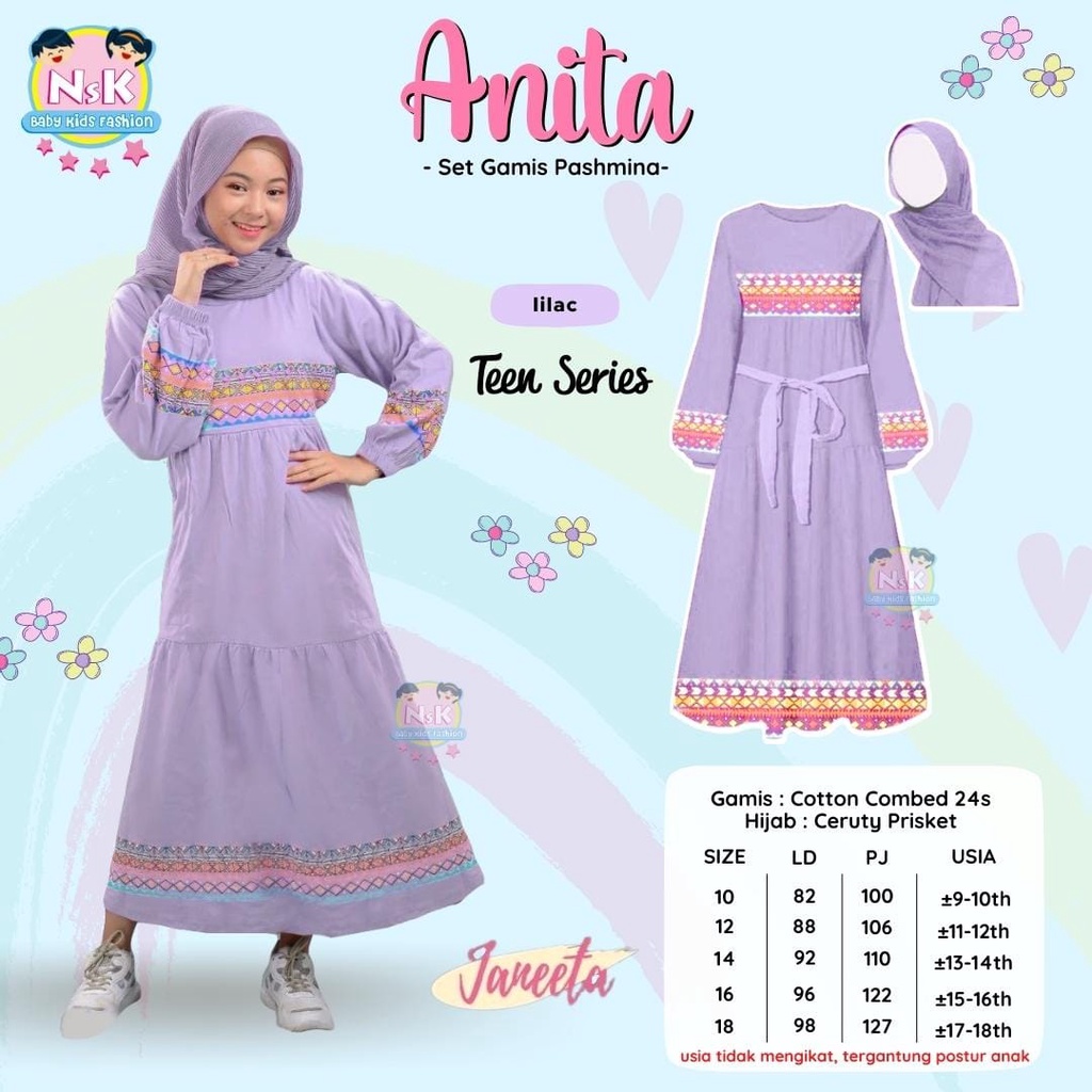 ARNITA SET GAMIS PASHMINA ANAK REMAJA FREE HIJAB ORI NSK