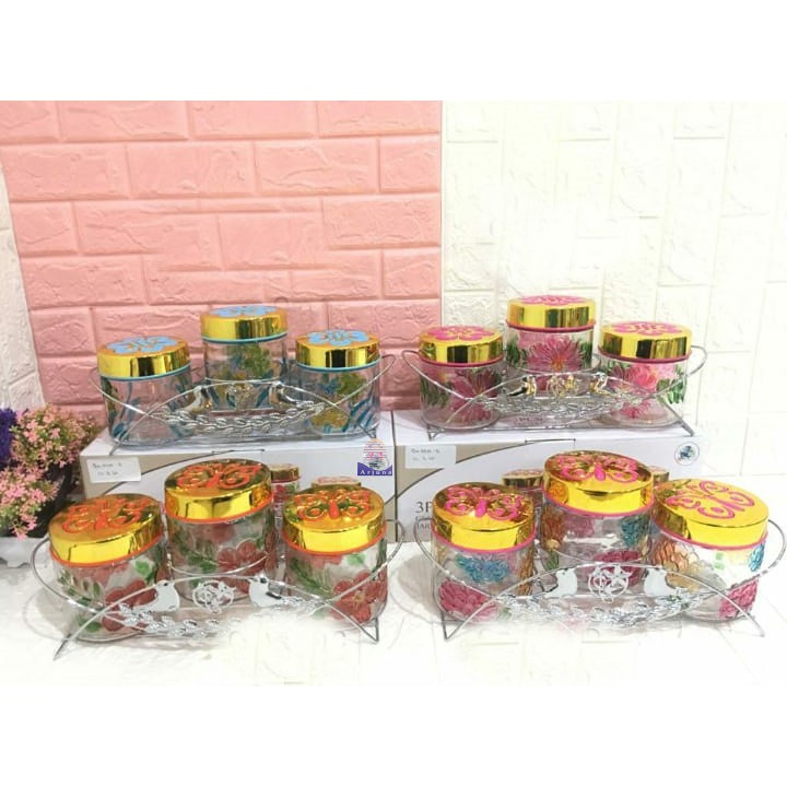 Toples Kaca Toples Kue Set Toples Motif Bunga Timbul