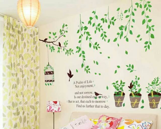 RELIZA WALLSTICKER RANTING RENDA RUMBAI HIJAU SANGKAR CAGE BIRD POT STIKER DINDING AY9035