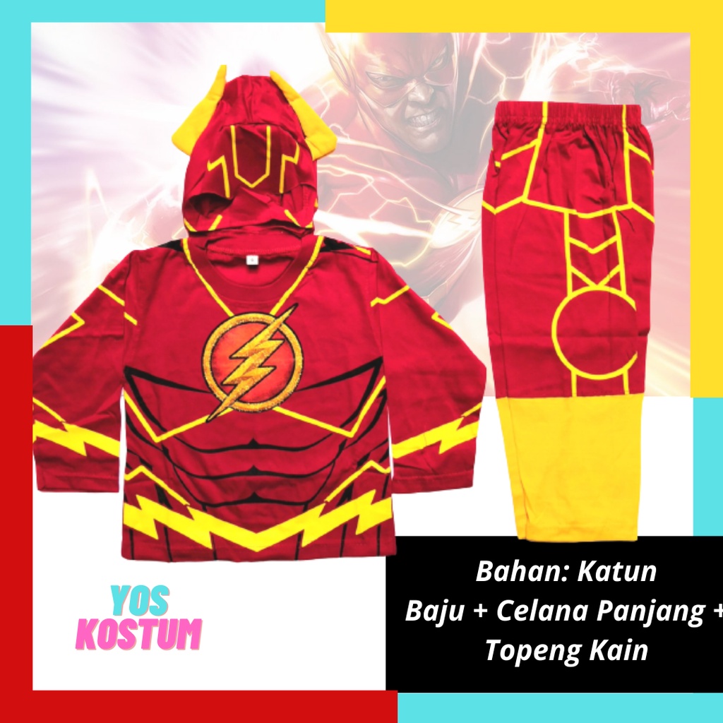 Kostum Anak Flash Setelan Baju Karakter Superhero Laki Laki Topeng Kain