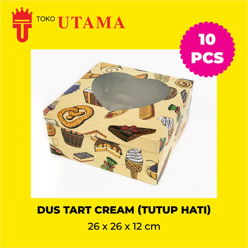 (10pcs) 26 x 26 x 12 CM Tinggi Dos DUS DUPLEX Kue Tart Cream Motif Cetak Tutup Hati