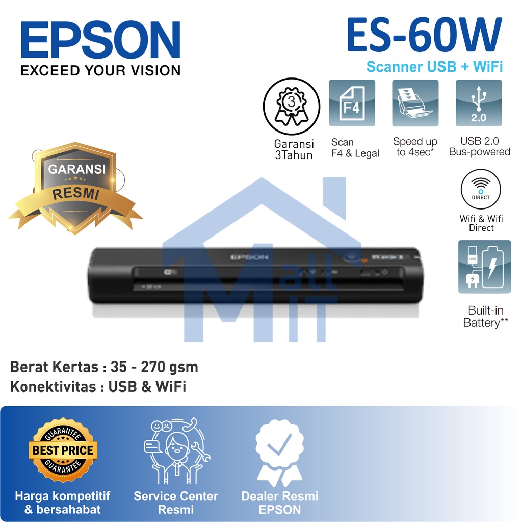 BISA COD  SCANNER EPSON ES-60W EPSON ES60W ES 60 W ES 60W ES60 WIFI F4 LEGAL PORTABLE