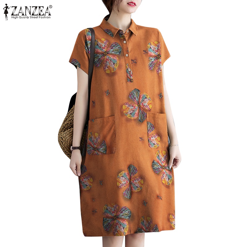 ZANZEA Women Summer Short Sleeved Floral Printed Oversized Holiday Short Dress Loose Dress