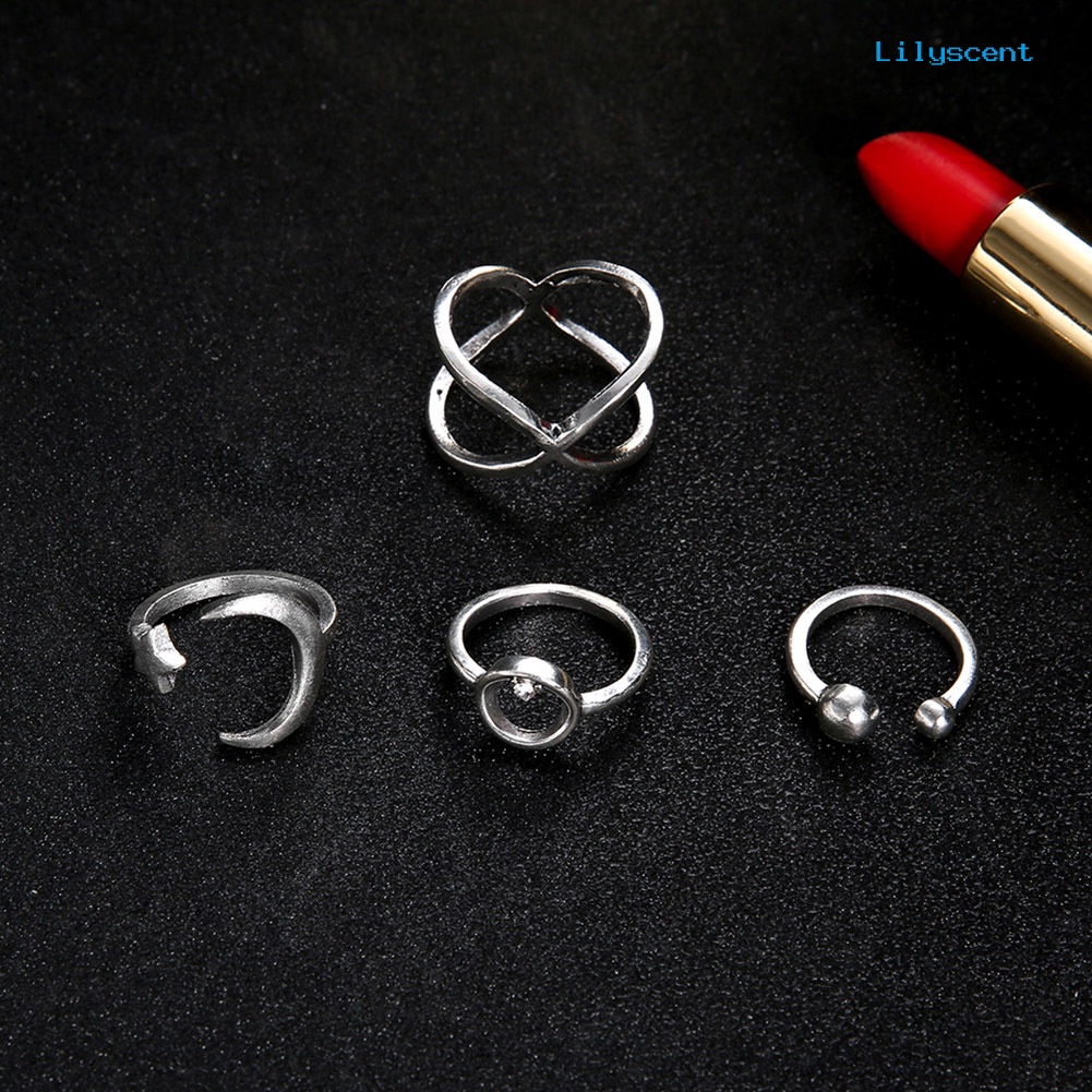 4pcs / Set Cincin Knuckle Model Terbuka Desain Bulan Bintang Aksen Berlian Imitasi Untuk Wanita