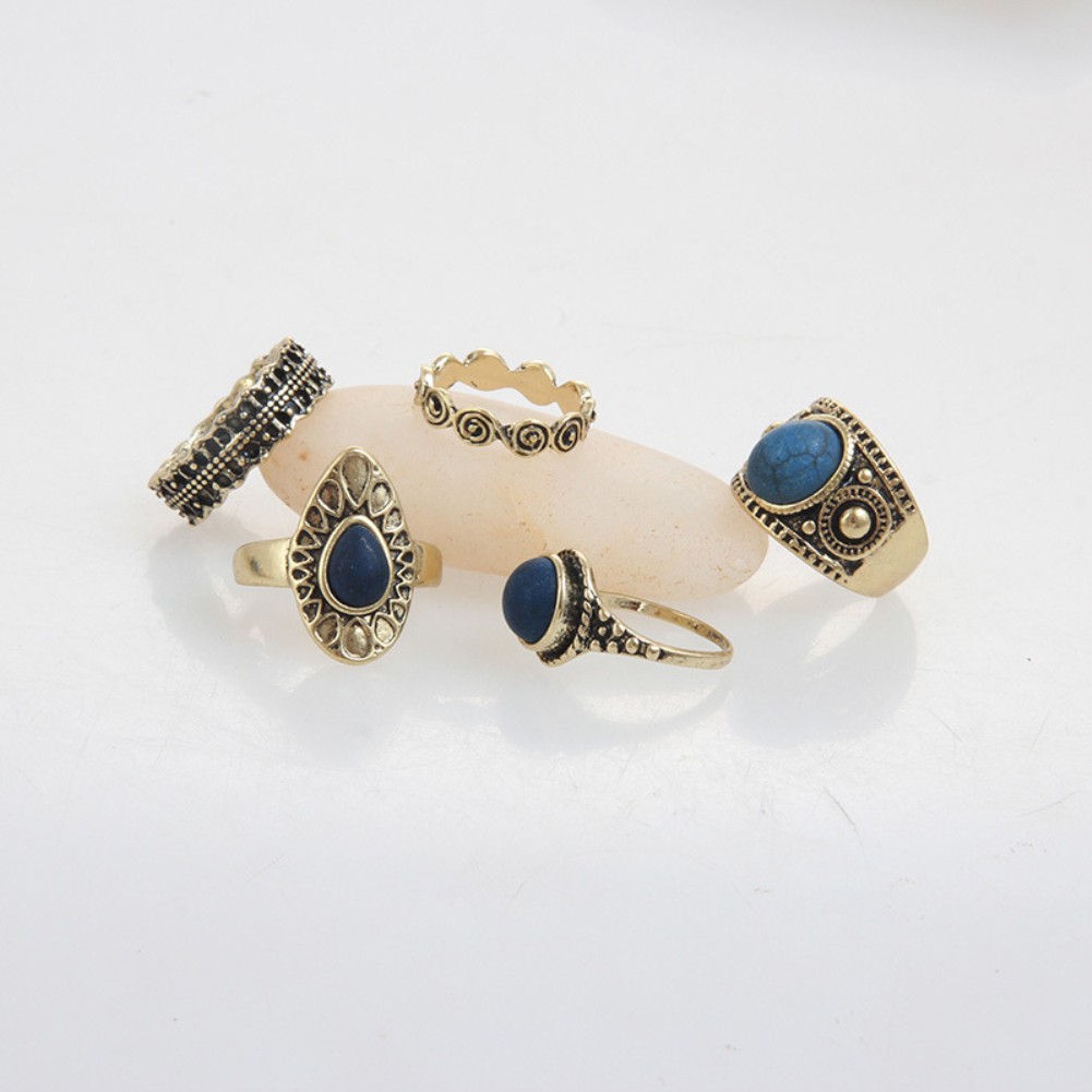 5Pcs Cincin Alloy Lily Bohemian Warna Biru