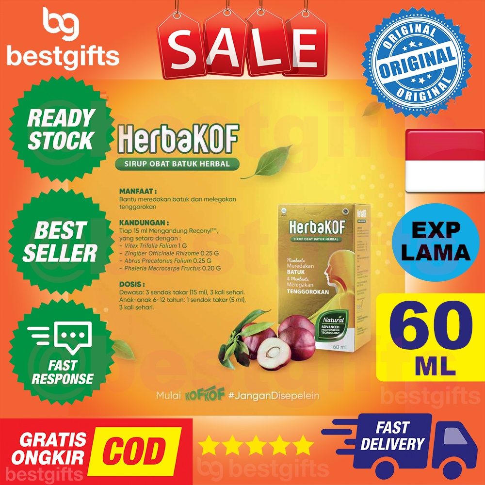 HERBAKOF SIRUP OBAT BATUK HERBAL HERBA KOF SYRUP DEWASA DAN ANAK MELEGAKAN RADANG TENGGOROKAN PERNAPASAN 60 ML