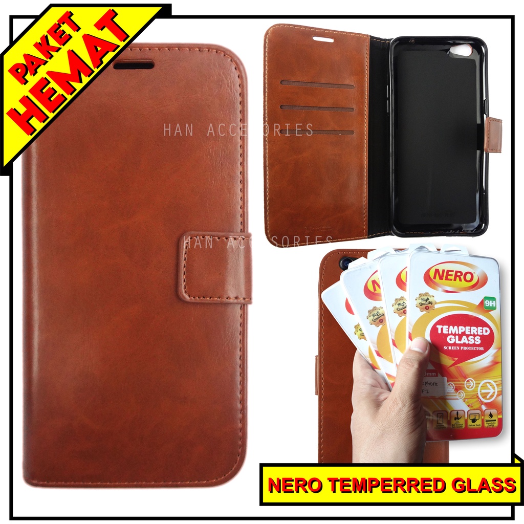 (PAKET HEMAT) Fashion Selular Flip Leather Case OPPO F1S/F3/F3+ Flip Cover Wallet Case Flip Case + Nero Temperred Glass