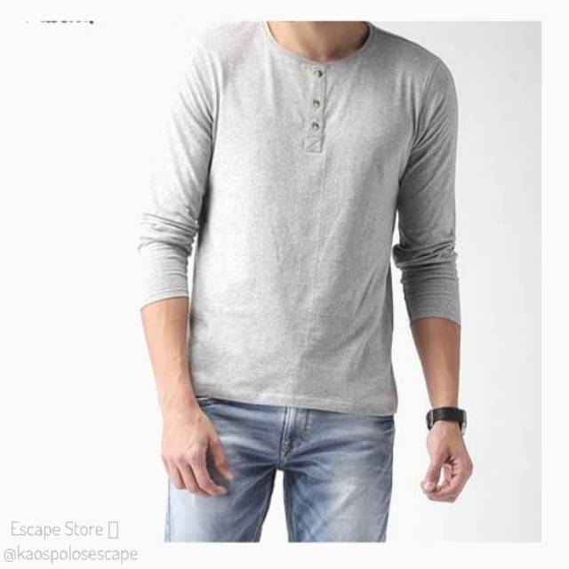 Kaos Henley Kancing LENGAN PANJANG Best Seller - ABU MISTY