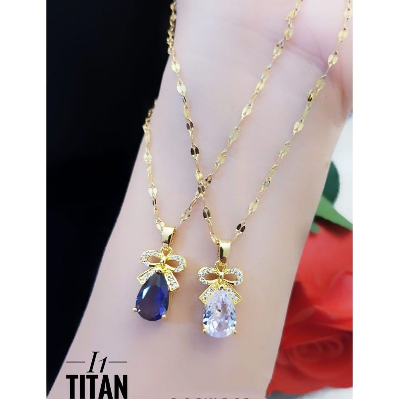 Set kalung dan liontin permata biru putih titanium lapis emas