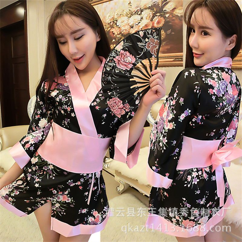 Sexy Kimono Jepang Cosplay Kostum Hitam Pink Motif Bunga