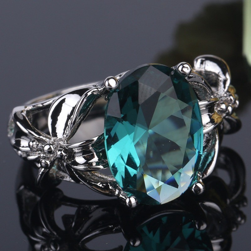 Cincin Tunangan / Kawin Model Bunga Krisan Aquamarine Warna Silver untuk Wanita