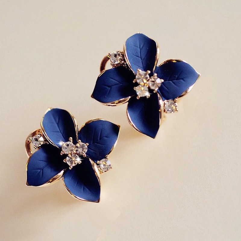 Anting Klip Desain Camellia Sapphire Biru Tiga Dimensi