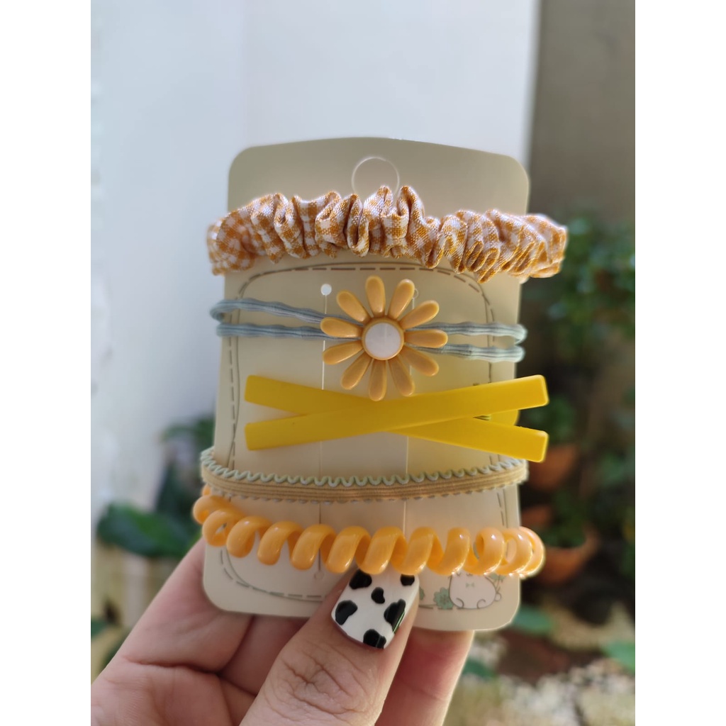 Ikat Rambut Korea Towel Ring Set ( isi 50pcs)-SET(5pc)KUNING KOTAK