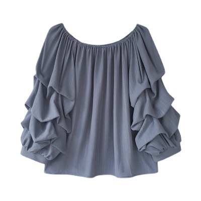 #Sisjuly# Wanita gaya Korea satu kata leher off-the-shoulder kemeja sifon longgar desain licik kemej