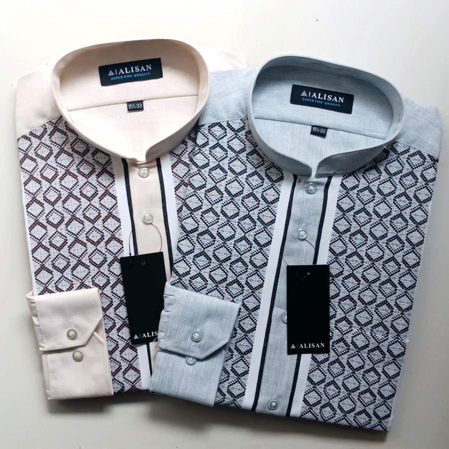 Alisan Kemeja Pria Koko Bordir Panjang Reguler Motif Abu / Coklat Krem