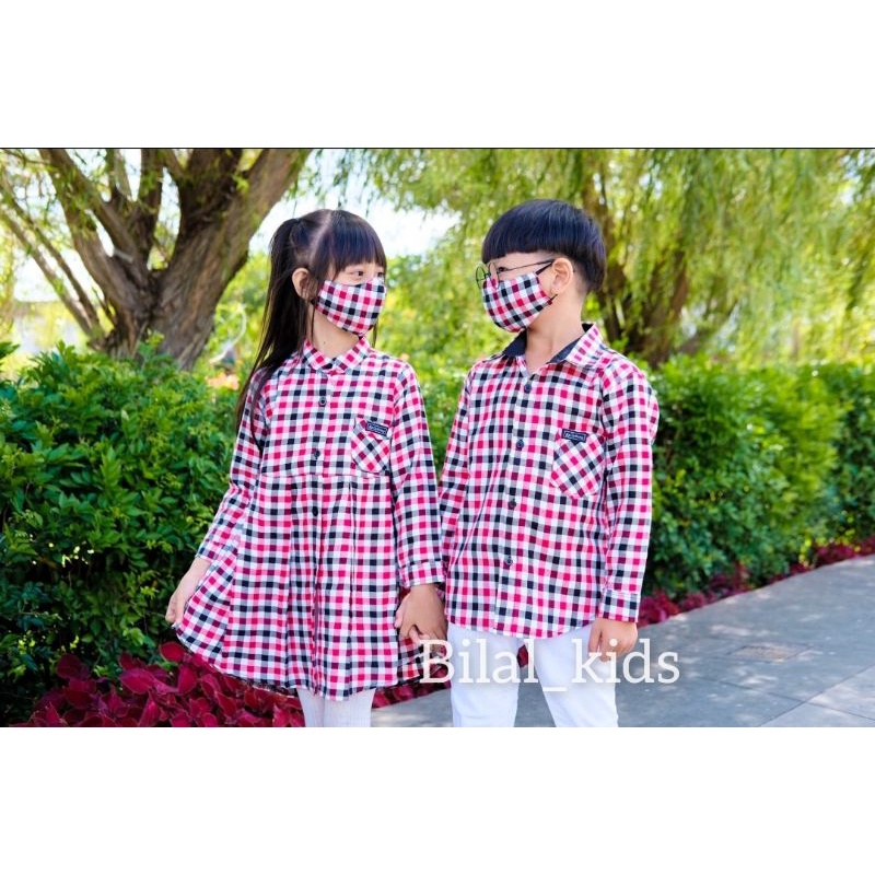 KEMEJA DAN DRESS COUPLE ANAK/BAJU COUPLE ANAK 1-12th ( FREE MASKER )