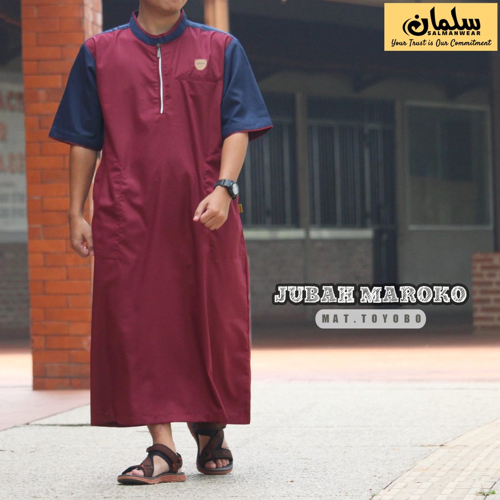 Jubah Gamis Pria Muslim Lengan Pendek Maroko Ikhwan Warna Kombinasi Katun Toyobo Original Dewasa