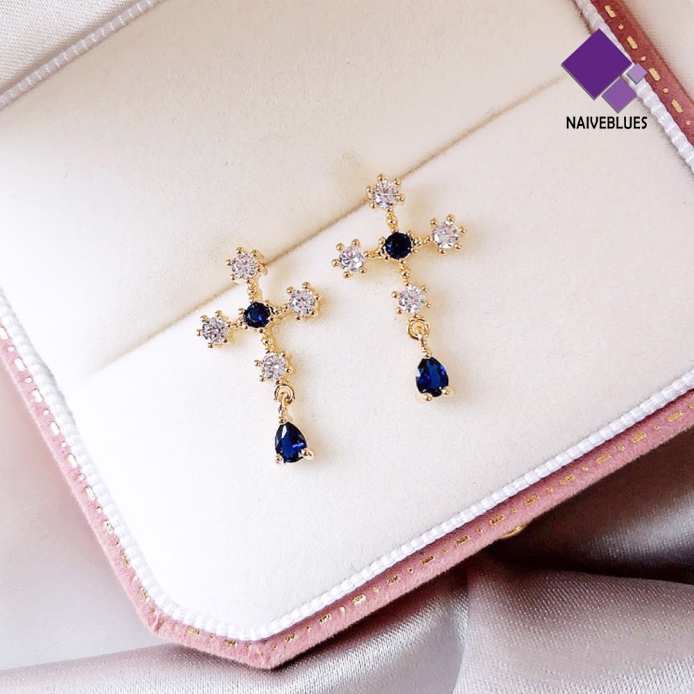 Anting Stud Sapphire Berlian Imitasi Bentuk Salib Untuk Wanita