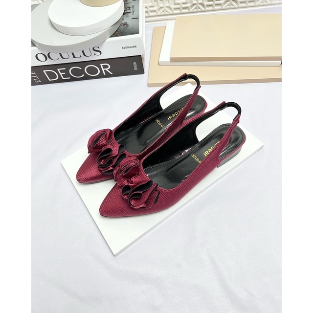 sepatu flat shoes wanita terbaru kekinian pesta LOUISDEAR sepatu flat heel 2 cm bahan satin hbm tali belakang B46