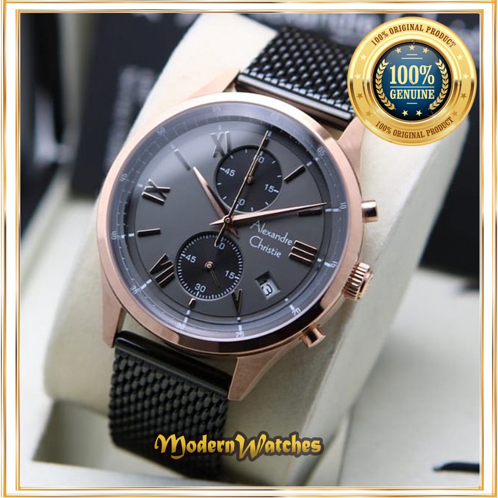 Jam Tangan Pria Terbaru Alexandre Christie AC 6567 Hitam Rosegold BLack Stainless Sport Alexander