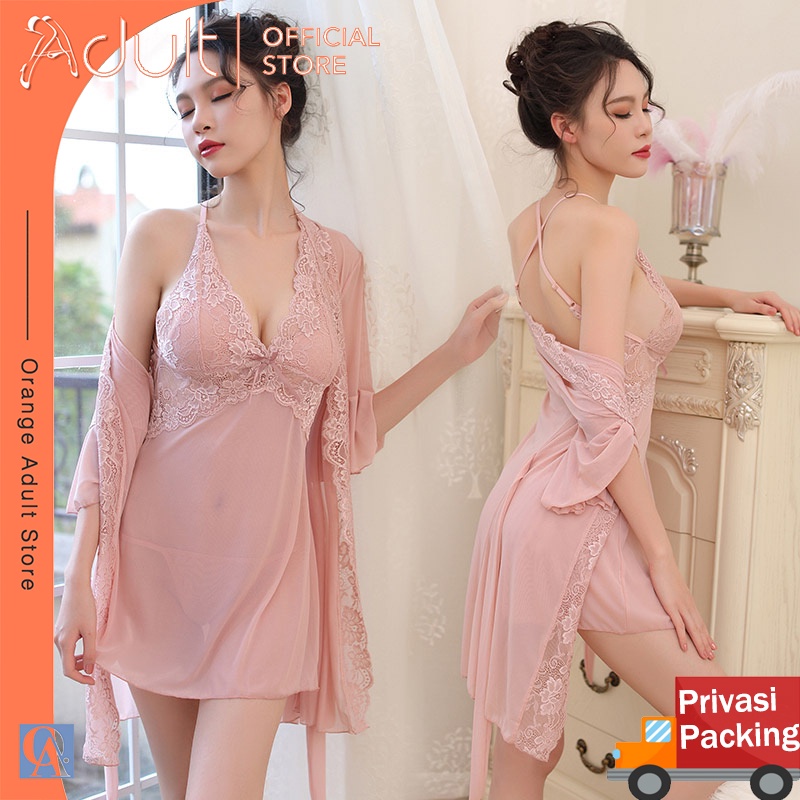 ORANGE ADULT Lingerie Sexy Lingerie Seksi Baju Tidur Lace Seksi Gaun Malam Seksi Lapisan Luar + Dalam - Peach1077