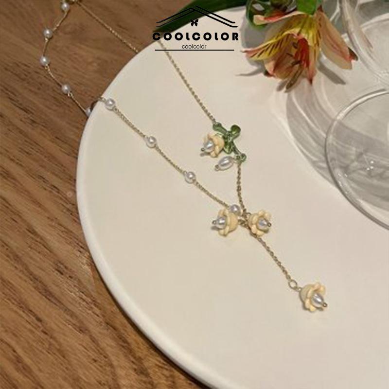 COD❤️Kalung Wanita Lily of the Valley Flower Pearl Spring Desain Unik Anting Pejantan Elegan Yang Indah untuk Anak Perempuan Aksesoris Fashion Perhiasan Fashion Simple Murah