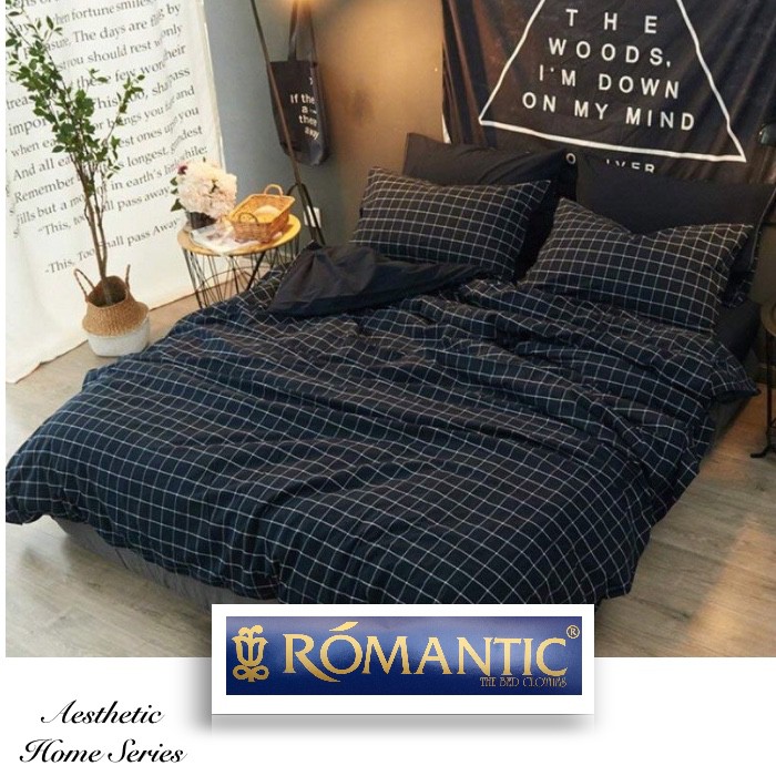 AESTHETIC KOREA series Bedcover sprei by ROMANTIC motif kotak hitam katun jepang minimalis decor