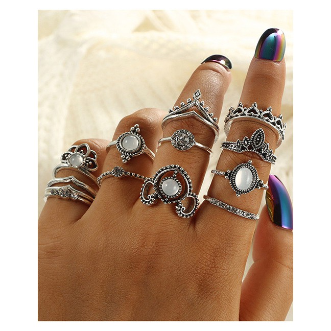 LRC Cincin Set Fashion Silver Color Diamond Decorated Ring (12 Pcs )