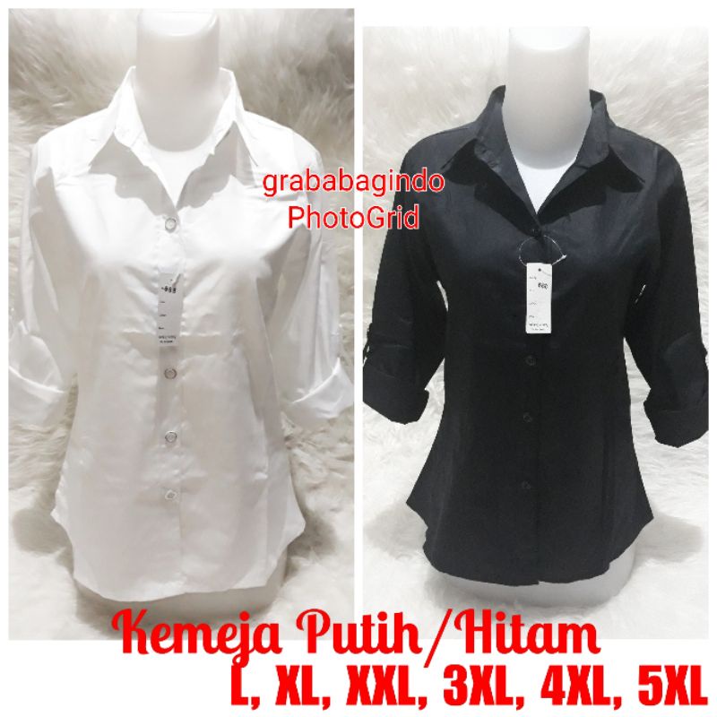 Jual Kemeja Putih Katun Polos Wanita Atasan Kemeja Putih Hitam Jumbo Big Size White Shirt 0525