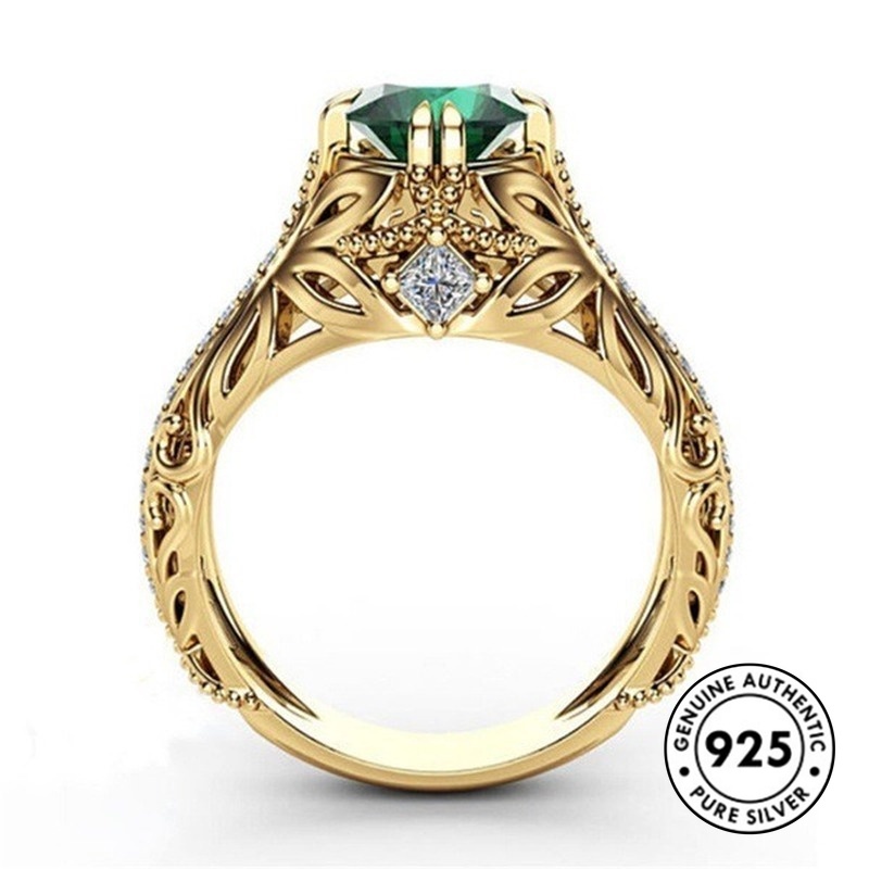 Cincin Sterling Silver 925 Lapis Emas Dengan Batu Emerald Untuk Wanita