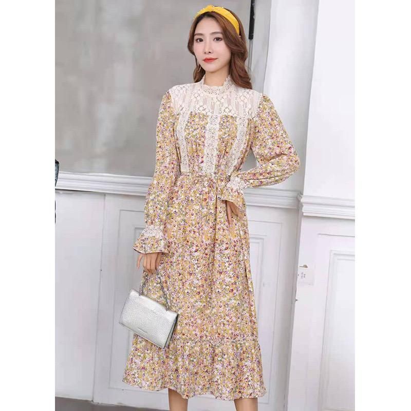 Leora Retro Casual Long Tunic Korean Style with Lace ( Dress Kombinasi Renda ) Import Premium