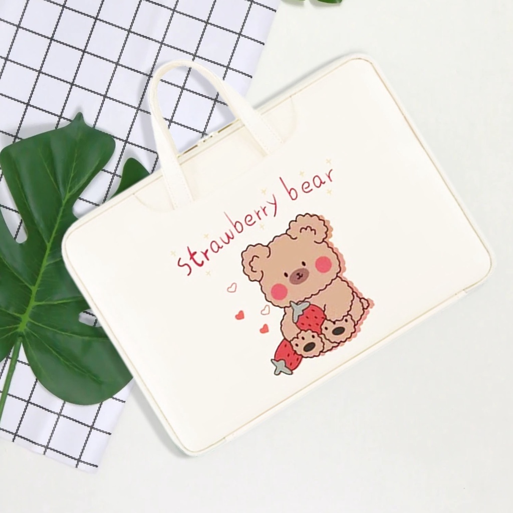 Sleeve Pouch Sarung Tas Bag Case Ipad Tab Tablet Macbook Air Pro Laptop Asus Acer Lenovo HP Huawei 11 12 13 14 15 inch Motif Gambar Strawberry Bear Beruang Warna Putih Lucu Cute Murah Korean Model Jinjing Tali Strap