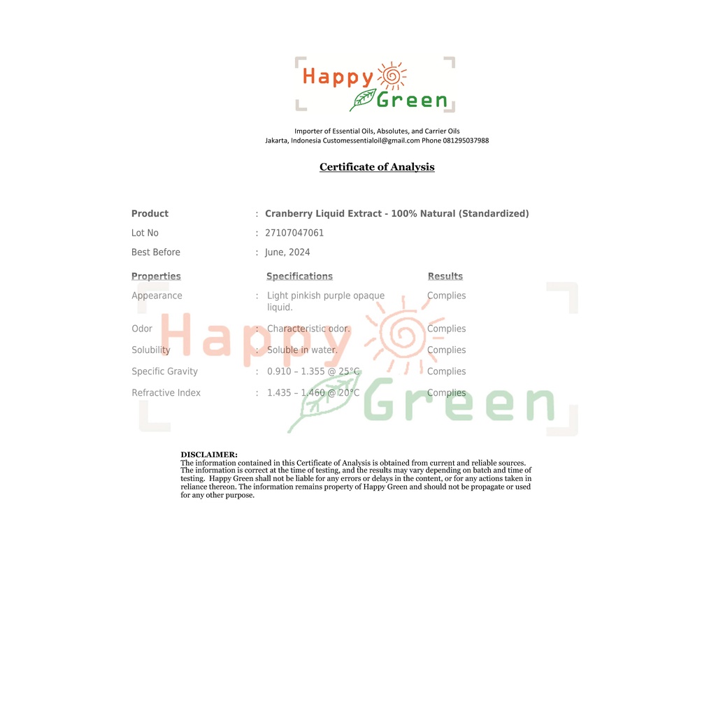 Happy Green Cranberry Liquid Extract - 100% Murni Natural