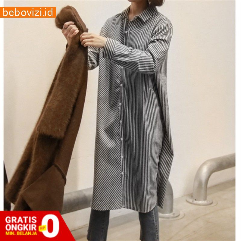 Kemeja Wanita Model Jumbo Lengan Panjang Motif Garis Ada Jumbo Untuk