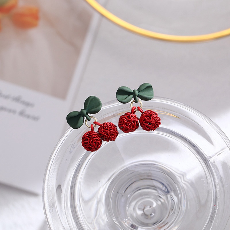 Fancyqube Anting Stud Kristal Mutiara Berlian Imitasi Model Pita Bunga Cherry Merah Untuk Wanita