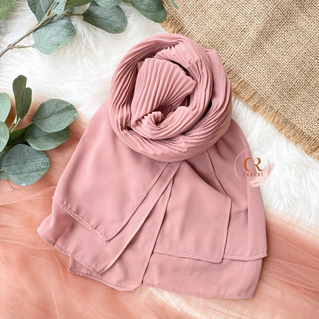 [𝐂𝐫𝐨𝐜𝐮𝐬] (180 * 60cm) Pashmina Plisket Ceruty Baby Doll / Pasmina Pleated Hijab Kerudung-Shawl Full-DUSTYPINK