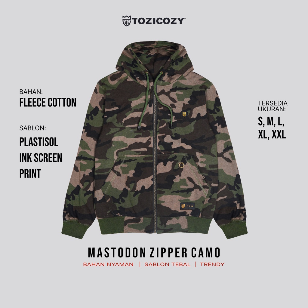 Tozicozy Mastodon Zipper Hoodie Pria Warna Camo Bahan Cotton Fleece Sablon Plastisol Size S M L XL X