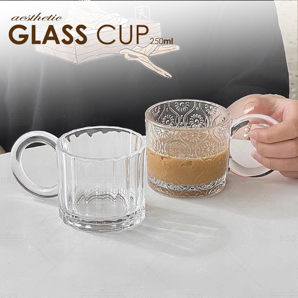 Aesthetic Glass Cup Cangkir Teh Mug Susu Gelas Kaca Transparan Minimalis Motif Bunga Garis